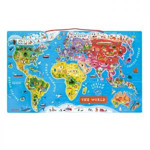 drvena igračka karta svijeta s magentima